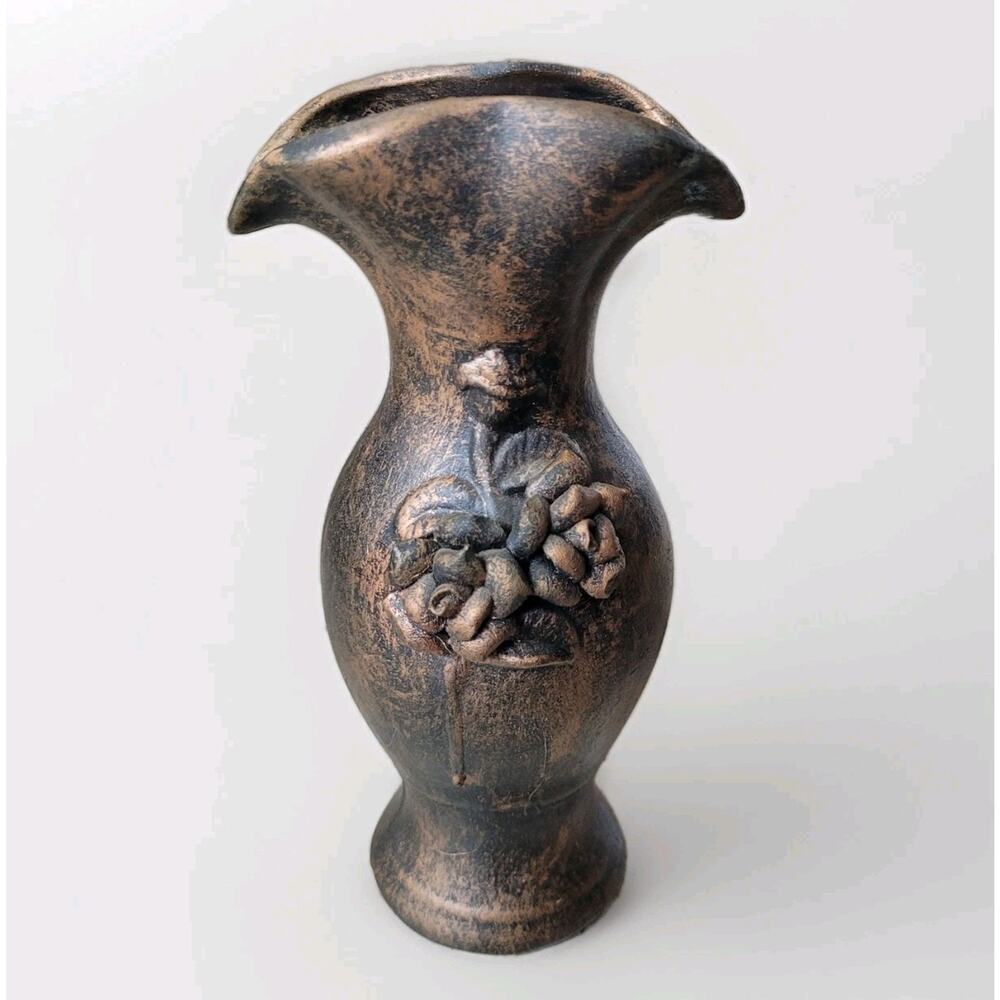 Vintage-Style Terracotta Rose Vase | Bronze Metallic Patina | 7.5"